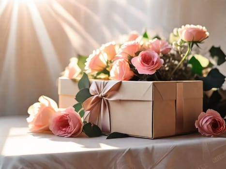 Vintage pink flowers and a gift box with a ribbon on a light table in the sun. Card for birthday, women's day or mother's day.