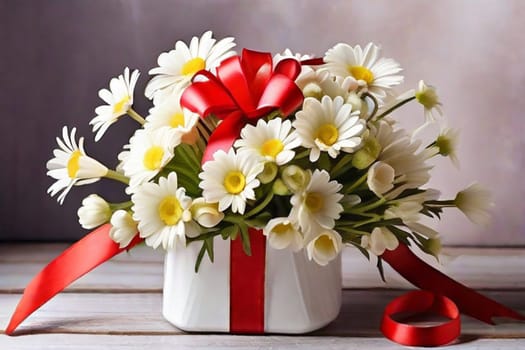 A bouquet of white daisies in a gift box with red satin ribbons on a light background. Gift for Valentine's Day.