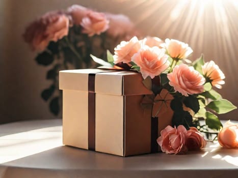 Vintage pink flowers and a gift box with a ribbon on a light table in the sun. Card for birthday, women's day or mother's day.