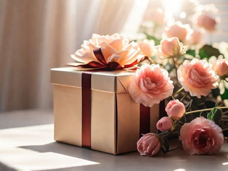 Vintage pink flowers and a gift box with a ribbon on a light table in the sun. Card for birthday, women's day or mother's day.