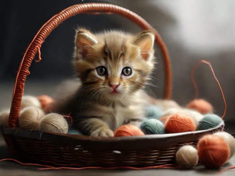 A small fluffy kitten lies in a basket with multi-colored balls of wool