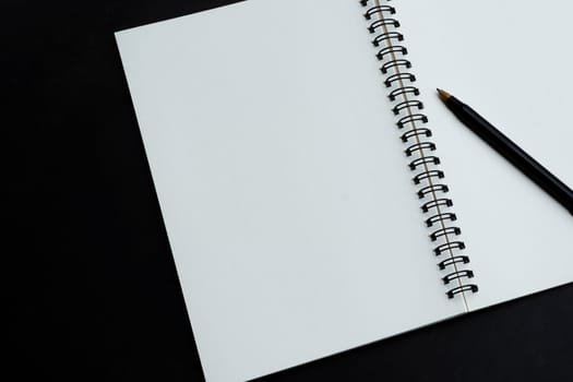 Directly above view of a pen with notepad on black background. Flat lay. Copy space.