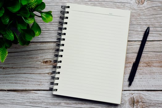 Directly above view of a desk with pen, notepad and plant. Flat lay. Copy space.