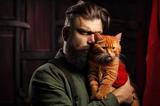 Brutal man with a large red cat. Close-up of a handsome young bearded man and a ginger cat - two profiles. Concept of friendship, love and trust of pets and people.