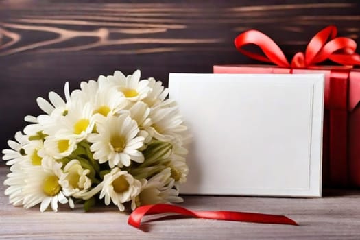 A bouquet of white daisies and a gift box with red satin ribbons. Gift for Valentine's Day