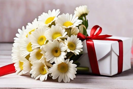 A bouquet of white daisies and a gift box with red satin ribbons. Gift for Valentine's Day