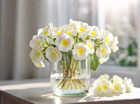 A white bouquet of primroses in a glass vase on a table by the window in the rays of the sun. Spring. Easter concept. Copy space.