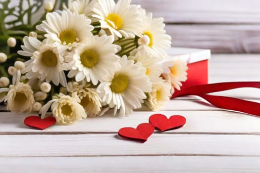 A bouquet of white daisies in a gift box with red satin ribbons and red hearts on a light background