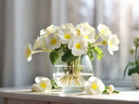 A white bouquet of primroses in a glass vase on a table by the window in the rays of the sun. Spring. Easter concept. Copy space.