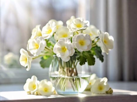 A white bouquet of primroses in a glass vase on a table by the window in the rays of the sun. Spring. Easter concept. Copy space.