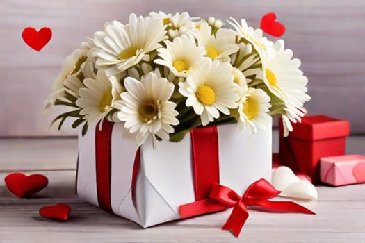 A bouquet of white daisies in a gift box with red satin ribbons and red hearts on a light background