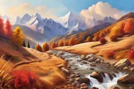 Autumn landscape in the mountains with a mountain river. concept of an ideal vacation spot. Creative image