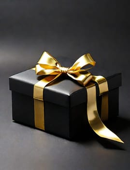 Black gift box with gold ribbon on blurred black background. Copy space. New Year. Birthday. Black Friday discount concept.