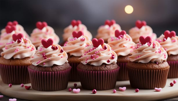Festive cupcakes with a heart inside for Valentine's Day decorated with sprinkles with hearts. Love concept. Selective focus. Delicious sweets Valentine's Day Copy space