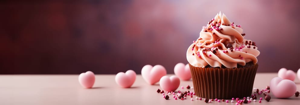 Festive cupcakes with a heart inside for Valentine's Day decorated with sprinkles with hearts. Love concept. Selective focus. Delicious sweets Valentine's Day Copy space web banner