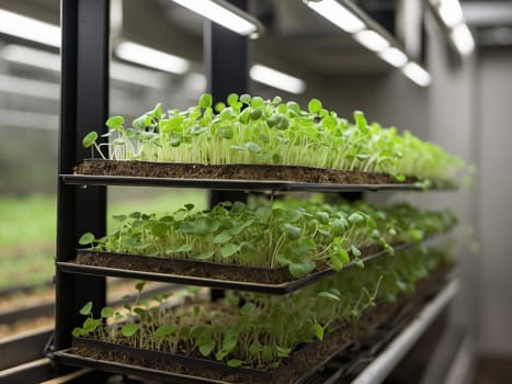 Shelves vertical farm growing fresh green plants indoors. Fresh microgreens automatic cultivation