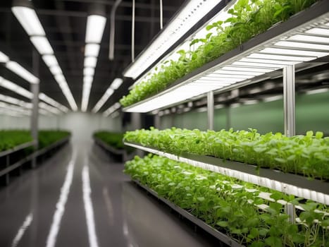 Shelves vertical farm growing fresh green plants indoors. Fresh microgreens automatic cultivation