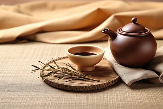 Bamboo mat with teapot and dried tea leaves on beige background. AI Generated