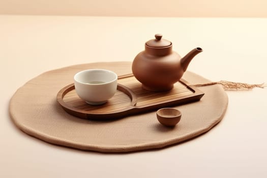 Bamboo mat with teapot and dried tea leaves on beige background. AI Generated