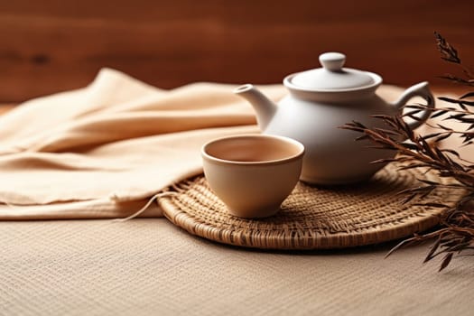 Bamboo mat with teapot and dried tea leaves on beige background. AI Generated