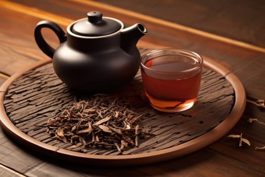 Bamboo mat with teapot and dried tea leaves on beige background. AI Generated