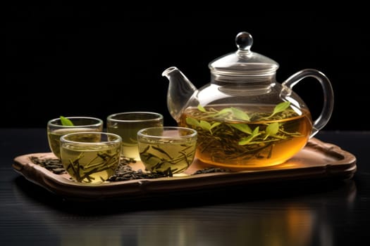 Hot Teapot And Teacups On wooden Mat, dark background. AI Generated