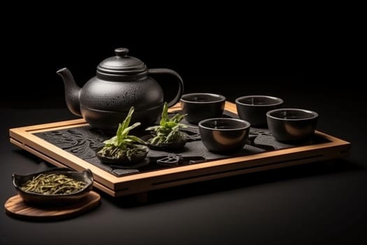 Hot Teapot And Teacups On wooden Mat, dark background. AI Generated