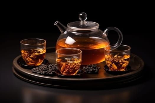 Hot Teapot And Teacups On wooden Mat, dark background. AI Generated