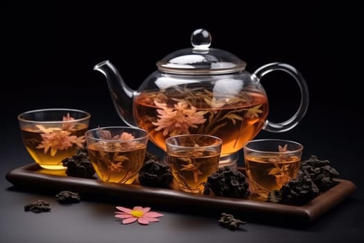 Hot Teapot And Teacups On wooden Mat, dark background. AI Generated