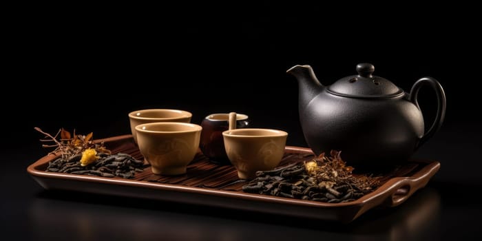 Hot Teapot And Teacups On wooden Mat, dark background. AI Generated