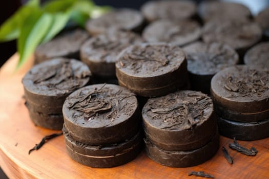 Stand with cup of puer tea on dark background, closeup. AI Generated