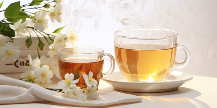 Composition with cup of jasmine tea and flowers on light background. AI Generated