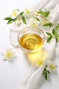 Composition with cup of jasmine tea and flowers on light background. AI Generated