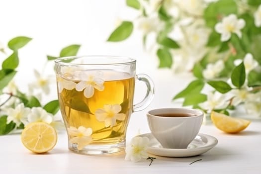 Composition with cup of jasmine tea and flowers on light background. AI Generated