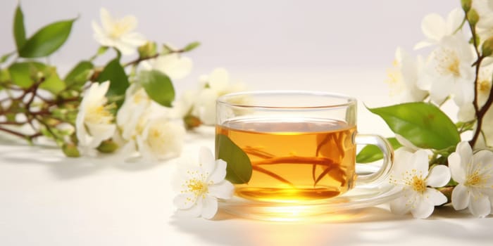 Composition with cup of jasmine tea and flowers on light background. AI Generated
