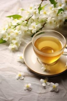 Composition with cup of jasmine tea and flowers on light background. AI Generated