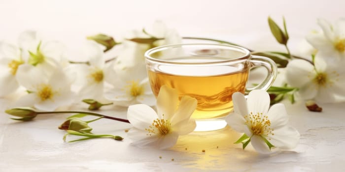 Composition with cup of jasmine tea and flowers on light background. AI Generated