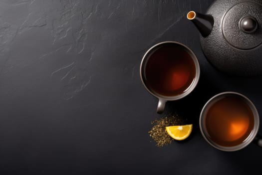 Chinese tea ceremony. Chinese Tea - Hot Teapot And Teacups On dark background. AI Generated