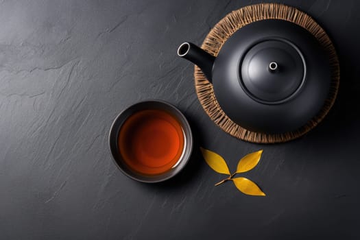 Chinese tea ceremony. Chinese Tea - Hot Teapot And Teacups On dark background. AI Generated