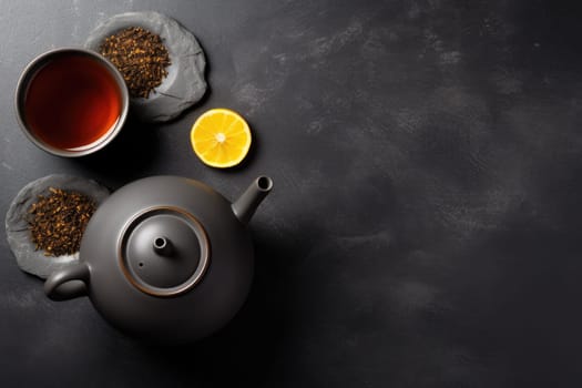 Chinese tea ceremony. Chinese Tea - Hot Teapot And Teacups On dark background. AI Generated