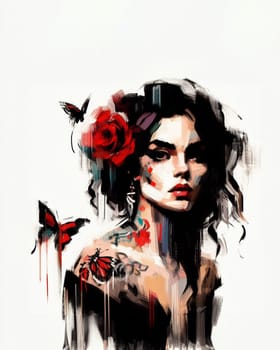 portrait of brunette hispanic woman with roses and butterflies deep brushtroke painting mariposa de amor inspired ai generative art