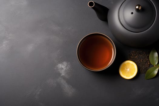 Chinese tea ceremony. Chinese Tea - Hot Teapot And Teacups On dark background. AI Generated