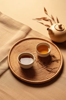 Bamboo mat with teapot and dried tea leaves on beige background. AI Generated