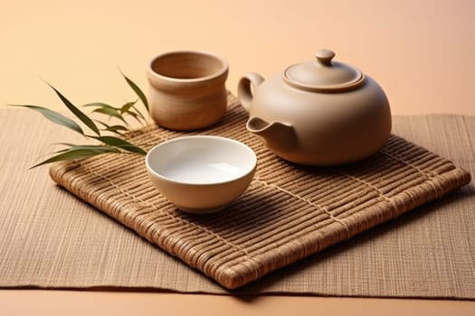 Bamboo mat with teapot and dried tea leaves on beige background. AI Generated