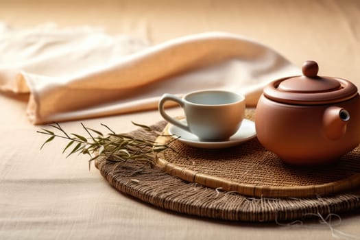 Bamboo mat with teapot and dried tea leaves on beige background. AI Generated