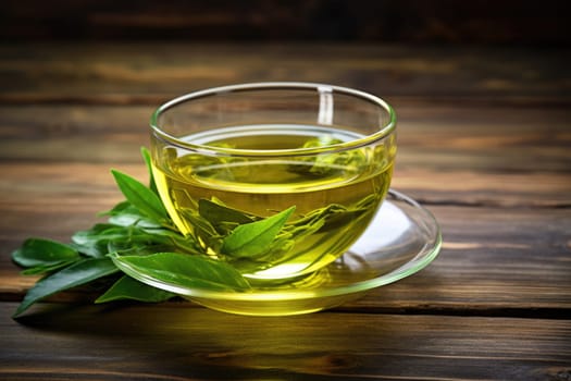 Fresh green tea with tea leaves in the water on wooden background. AI Generated