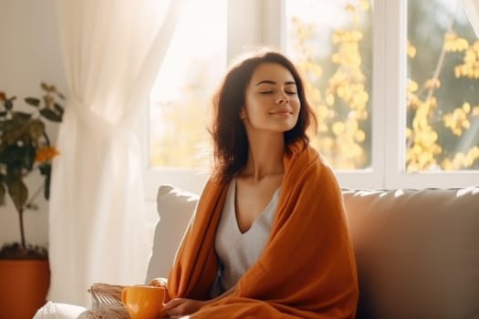 beautiful young woman relaxing over a cup of tea. AI Generated