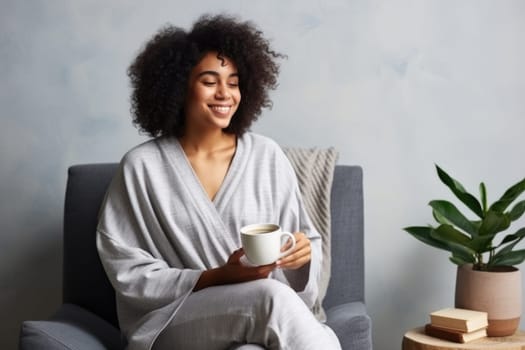 beautiful african american woman relaxing over a cup of tea and book. AI Generated