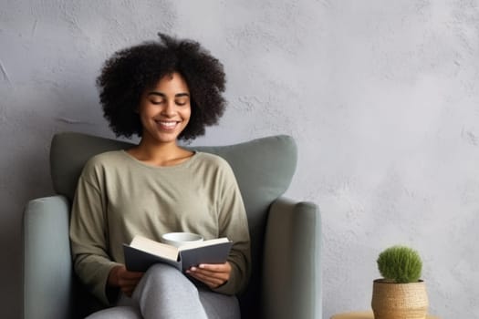 beautiful african american woman relaxing over a cup of tea and book. AI Generated