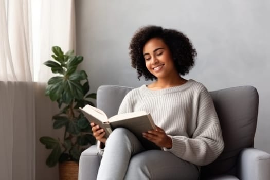 beautiful african american woman relaxing over a cup of tea and book. AI Generated